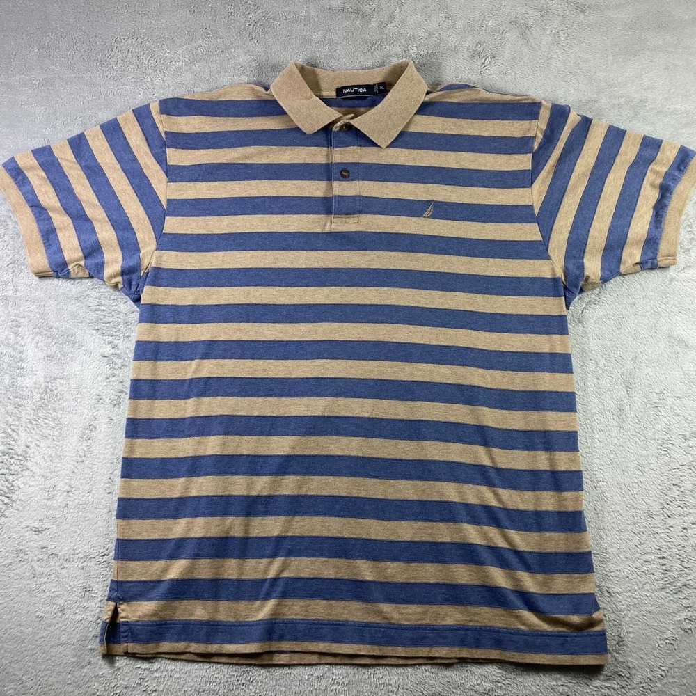 Nautical Polo Shirt Men XL Brown Blue Striped Preppy Cotton Short Sleeve Casual